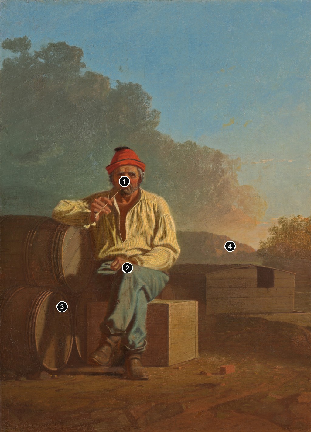 Annotated details from Mississippi Boatman by George Caleb Bingham